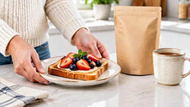 Hands plate toast beside a blank tea pouch and ceramic cup.