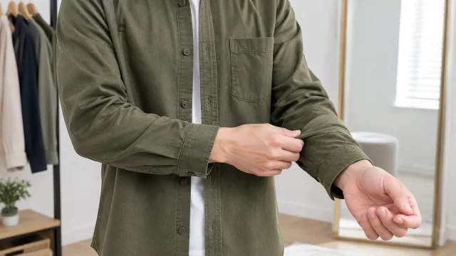 Hands smooth a plain olive overshirt sleeve in soft window light.