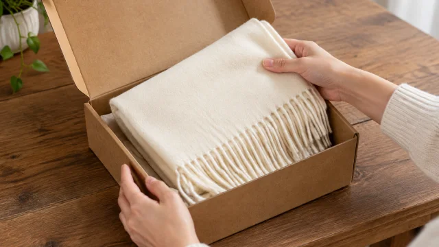Hands open a blank kraft parcel and lift folded beige fabric.