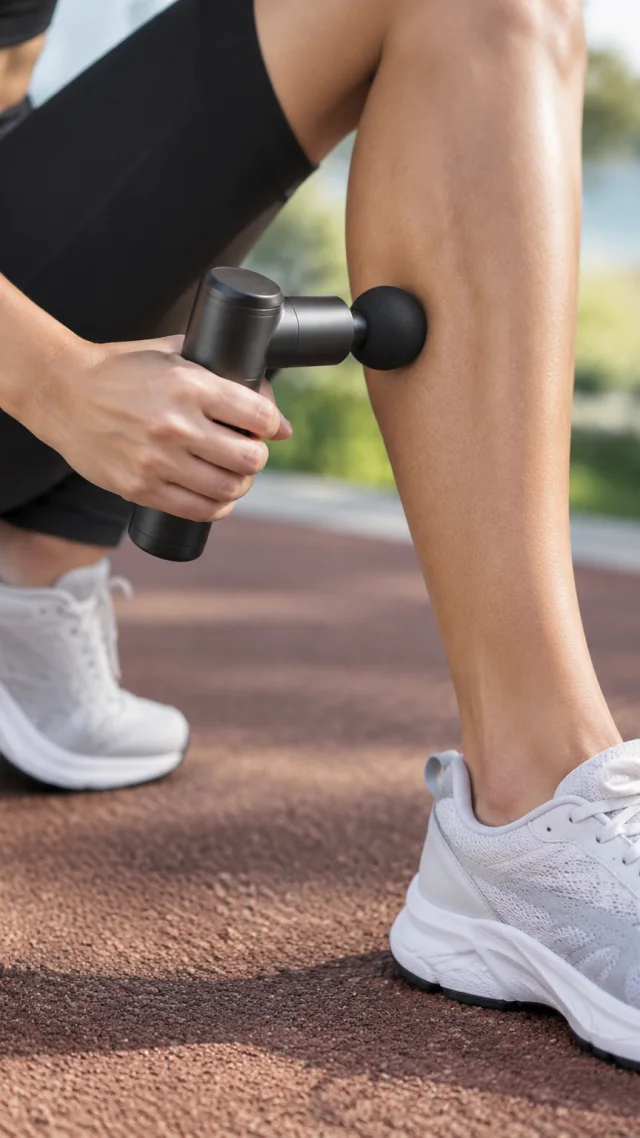 Compact massage gun gently used on a runner’s calf after a run.