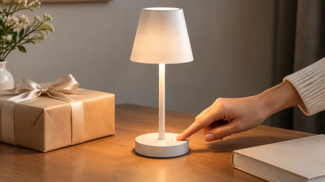 Portable table lamp glowing beside a book on a table.