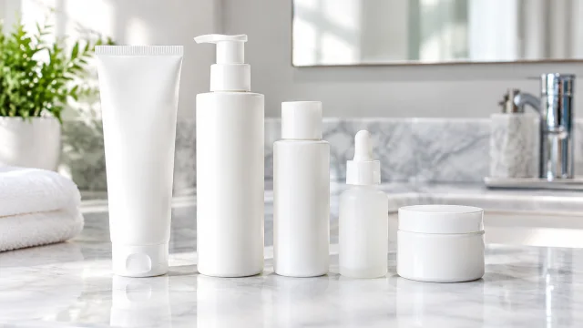 Plain cleanser and cream arranged left to right on a bathroom counter.