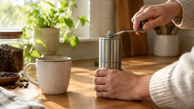 Hand turns a compact plain metal coffee grinder beside a cup.