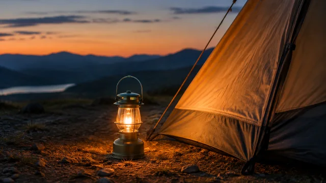 Small metal camping lantern glowing beside a tent at dusk.