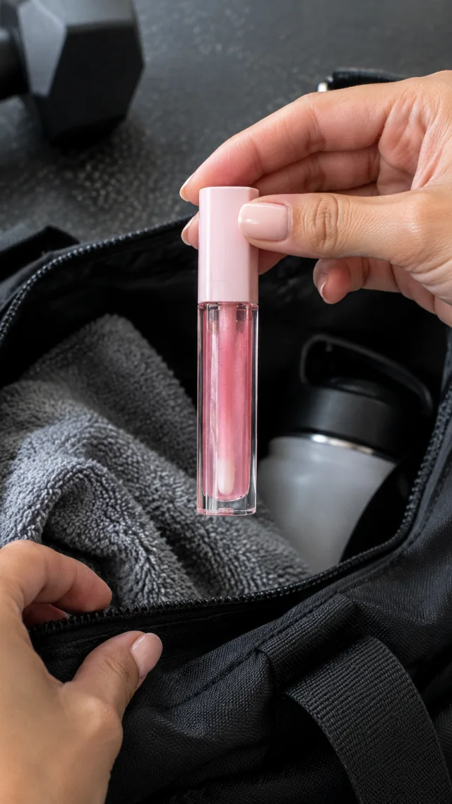 Hand lifts a plain lip oil tube from a gym bag pocket.