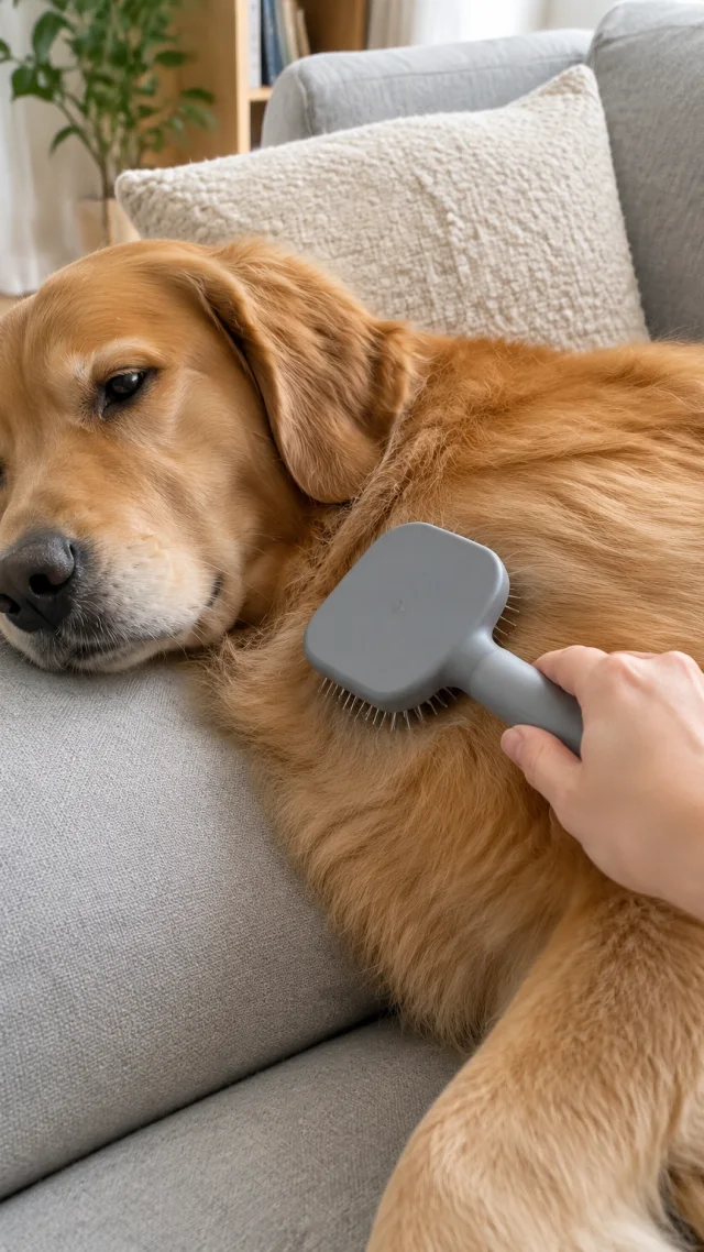 Hand uses a simple pet brush once on a relaxed dog.