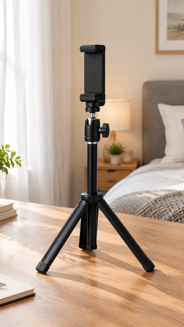 Plain phone tripod set on a bedroom desk in natural light.