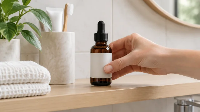 Plain amber serum bottle placed on a tidy bathroom shelf.