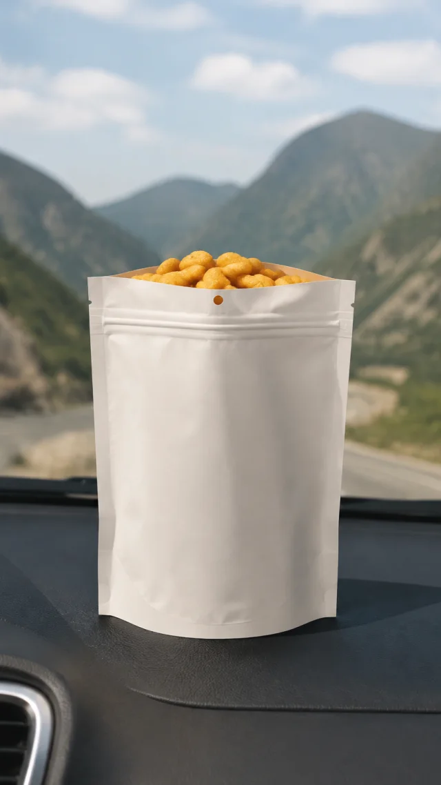 Blank snack pouch opened on a generic car dashboard during a road trip.
