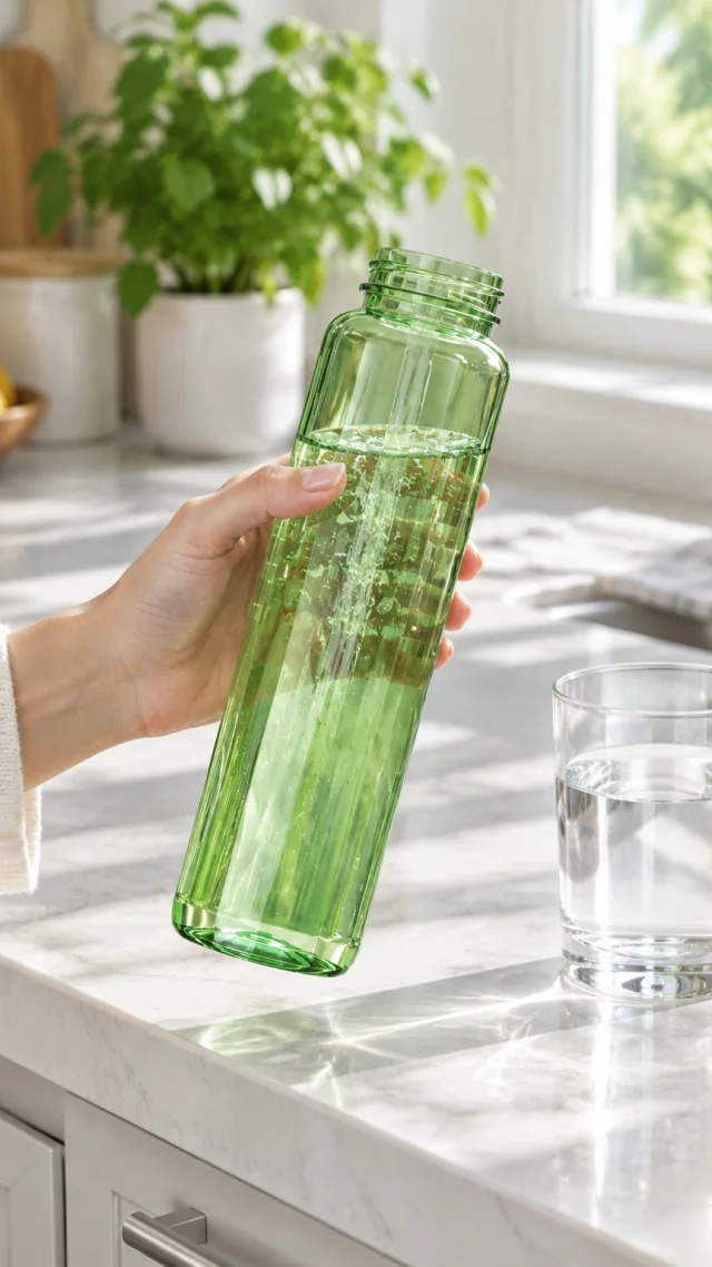 Hand lifts a green glass bottle at a bright kitchen counter.