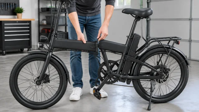 Hands unfold a plain black folding electric bicycle in a bright garage.