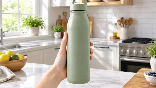 Hand holding a sage insulated bottle in a bright kitchen.