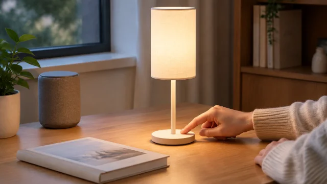Hands switch on a slim portable lamp beside a book.