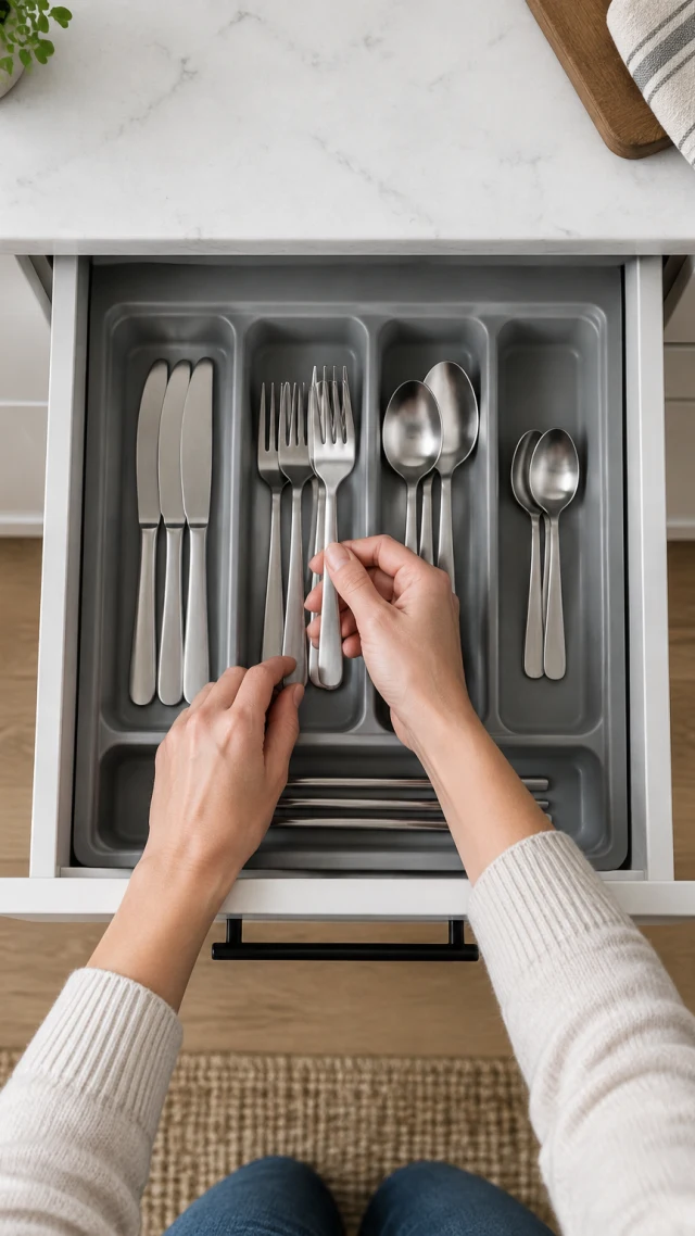 Hands place utensils into a gray drawer organizer, viewed from above.