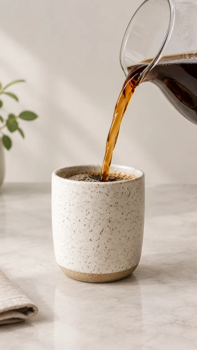 Speckled ceramic cup being filled from a glass carafe.