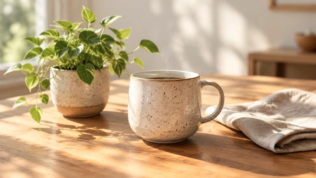 Speckled ceramic cup beside a small plant and linen napkin on a sunlit table.
