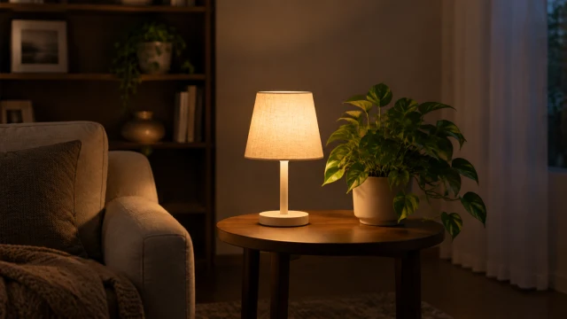 A warm portable table lamp glowing beside a leafy plant in a dim living room.
