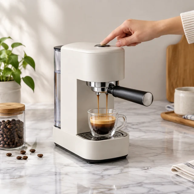 Hand operates a compact espresso maker