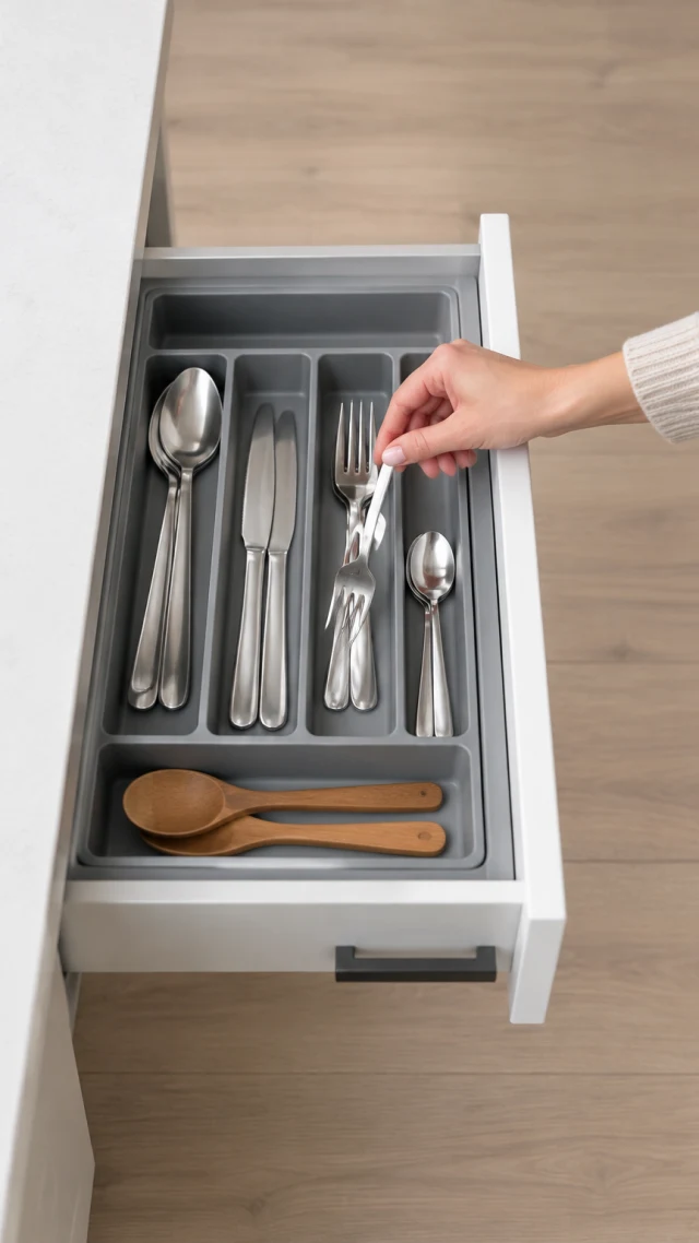 Hand placing utensils into a gray drawer organizer