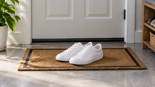 Clean white sneakers waiting by a front door.