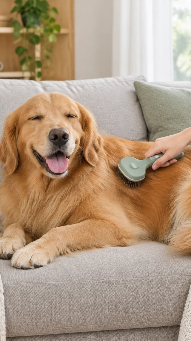 Pet brush used on a relaxed dog on a couch.