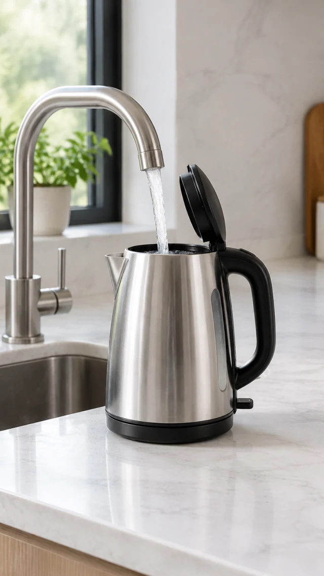 Electric kettle being filled at a kitchen tap.