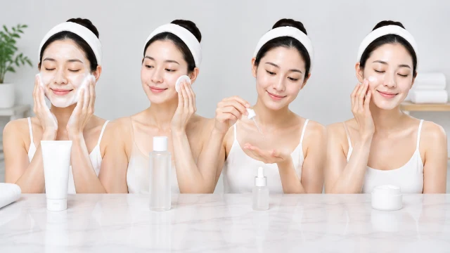 Skincare products arranged from cleanser to moisturizer on a bathroom counter.