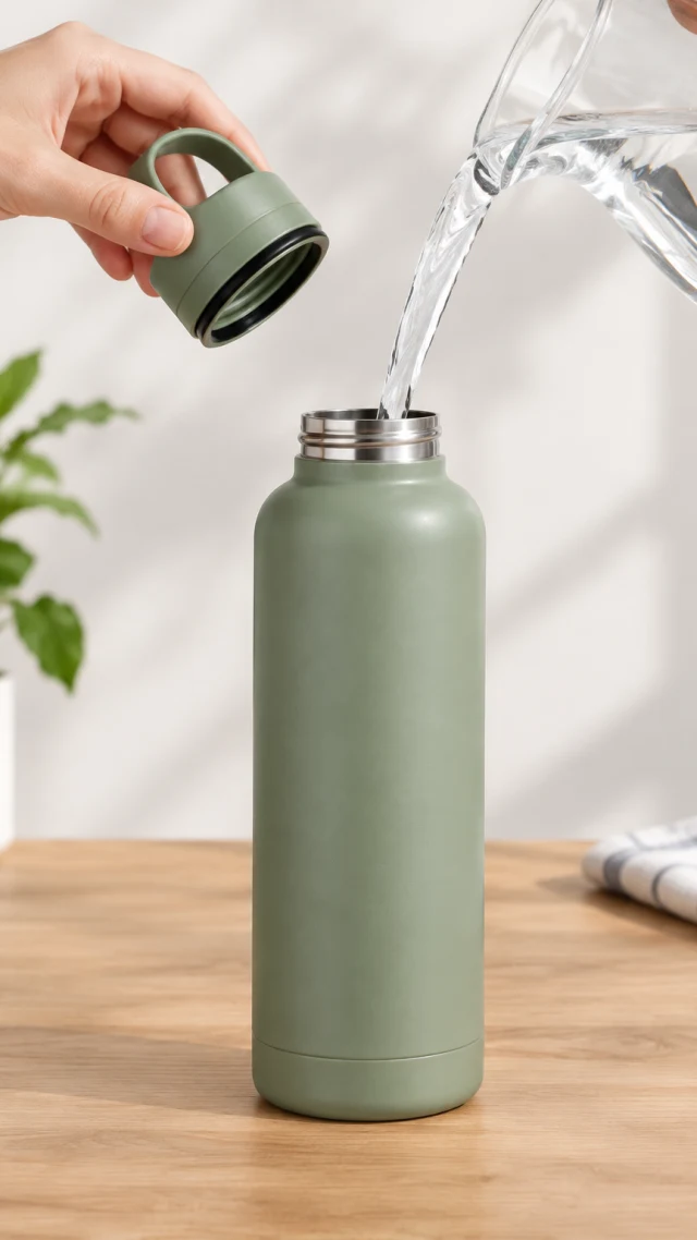 Hands unscrew a sage-green bottle lid and pour water into its open mouth.