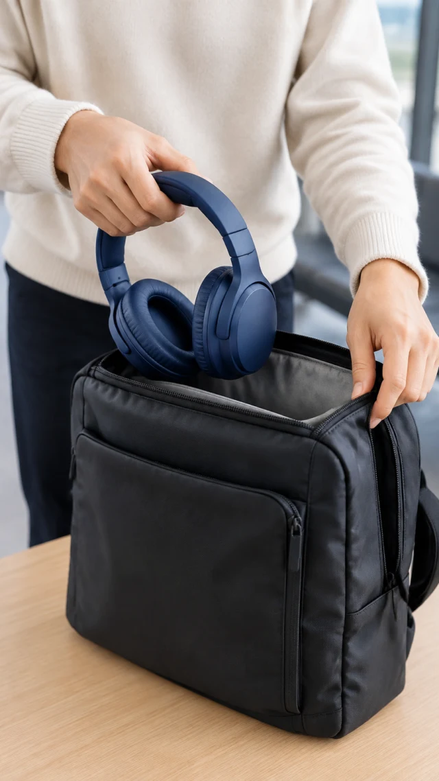 Hands inspect dark blue headphones and place them into a commuter bag.