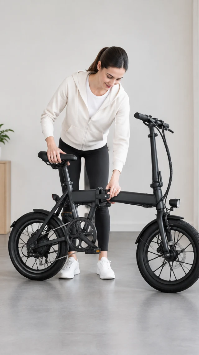 Hands unfold a black folding electric bicycle and inspect its hinge.
