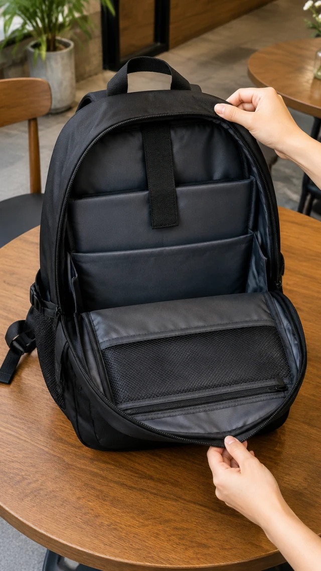 Hands open a plain black commuter backpack to reveal its padded compartments at a cafe table.