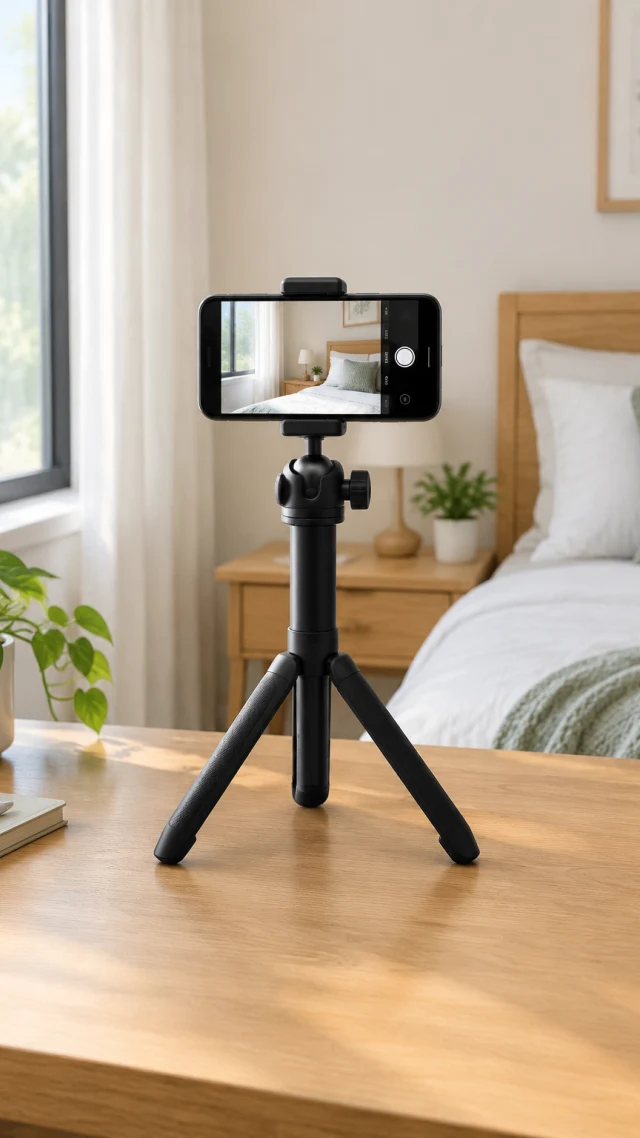 Phone tripod set up on a bedroom desk, natural light.