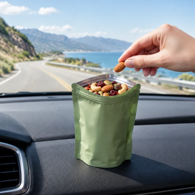 Open snack pouch on a car dashboard during a road trip.