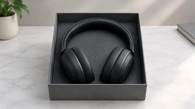 Dark over-ear headphones resting inside an open gray box on a clean studio table.