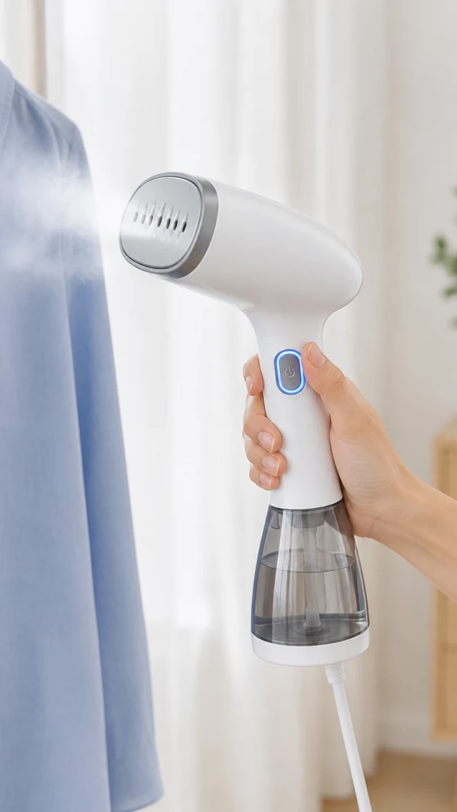 Close view of a handheld garment steamer and its glowing button