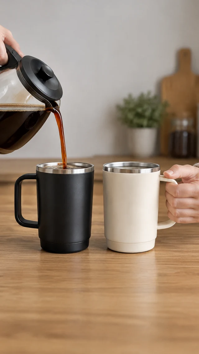Coffee poured into a black insulated mug and a cream one held side by side