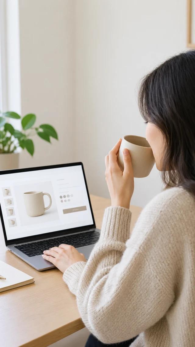 A hand views a product page, picks up a beige mug, and takes a drink.
