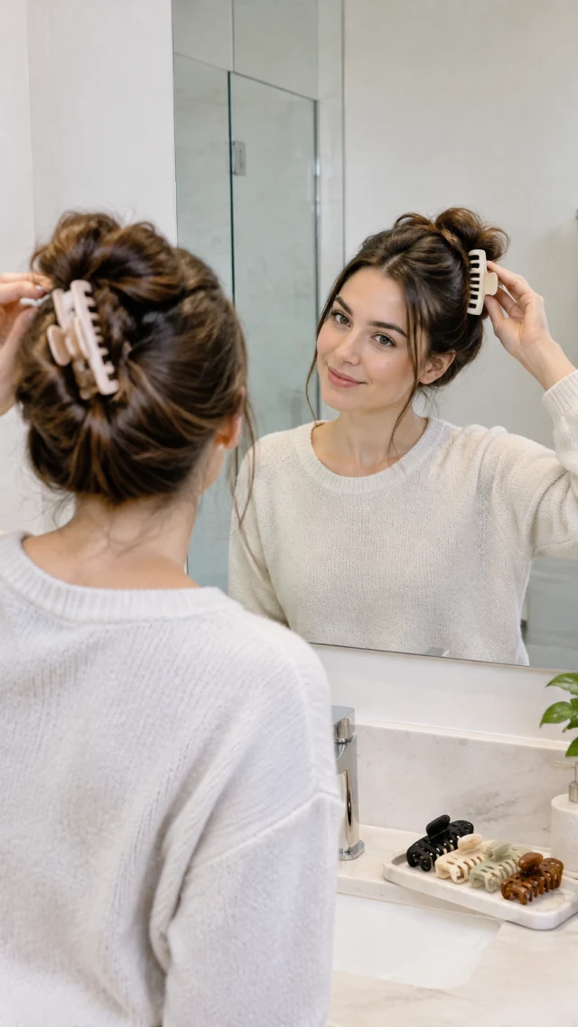 Hands try matte hair claw clips on in front of a bathroom mirror.