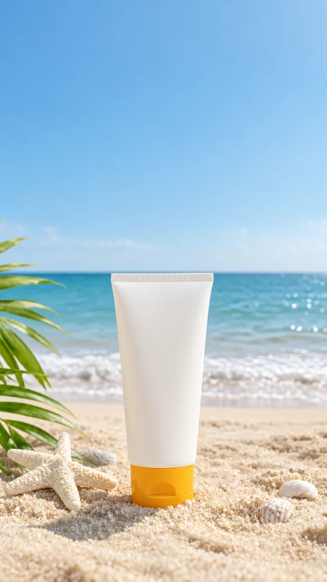 Sunscreen bottle lit by bright beach sunlight.