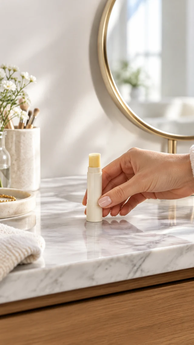 Lip balm tube on a vanity next to a round mirror, morning routine.