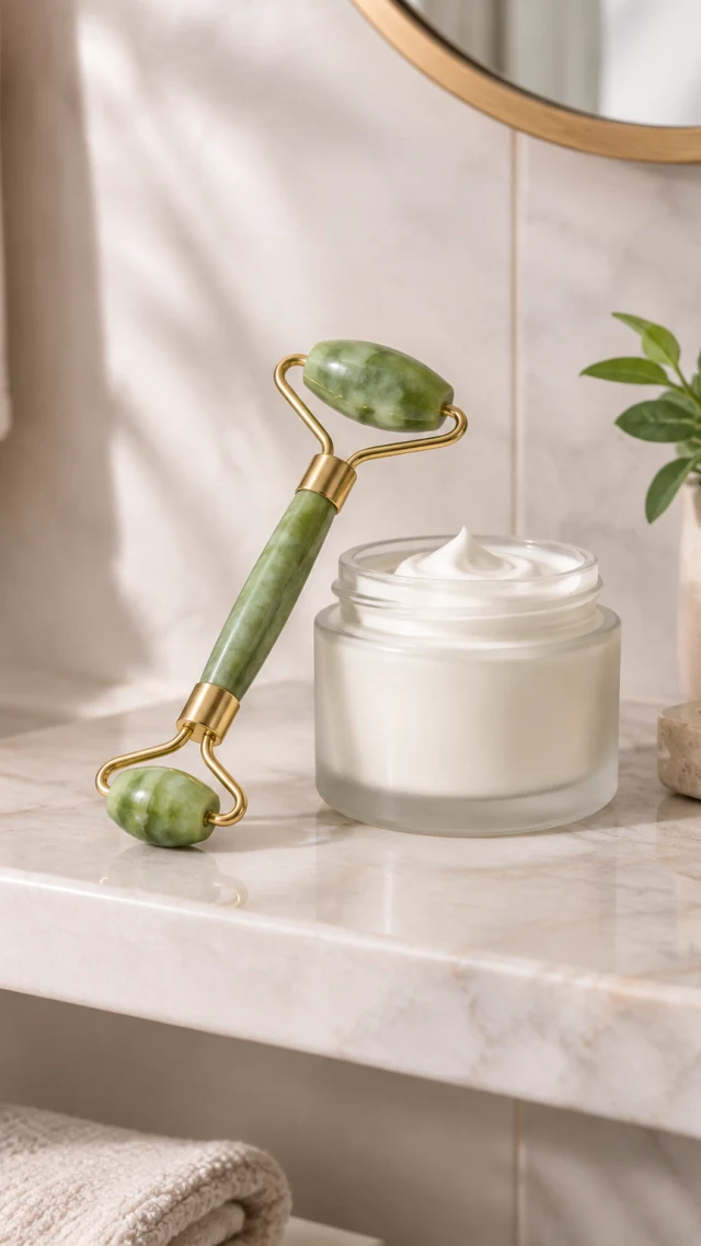 Jade face roller resting beside a jar of cream on a bathroom shelf.
