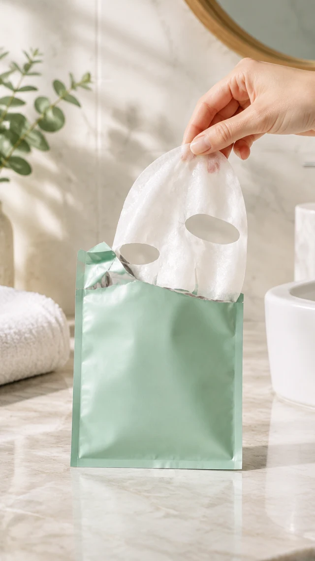 Open sheet mask pouch on a bathroom counter.