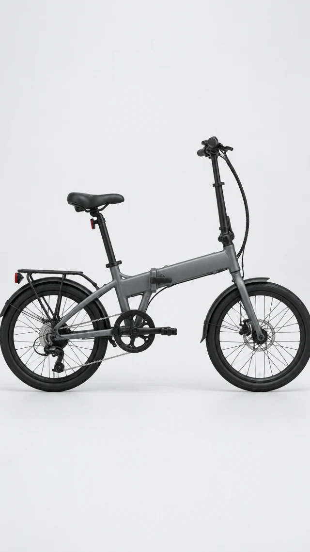 Gray folding electric bicycle shown fully on a pale studio background.