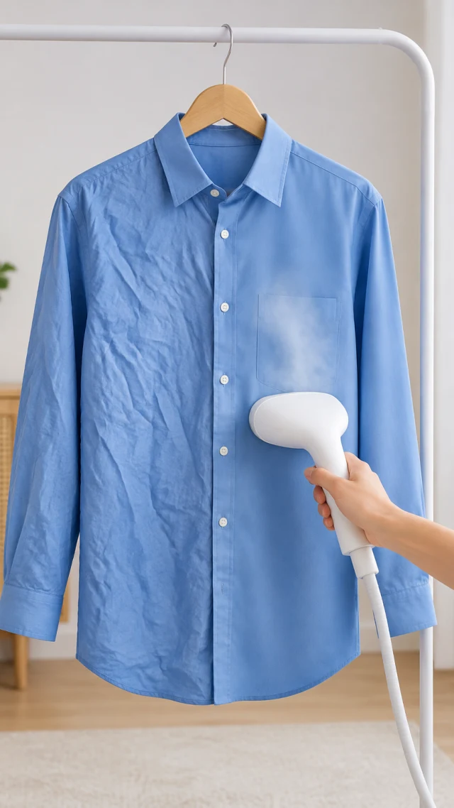 White handheld steamer smoothing a blue shirt.
