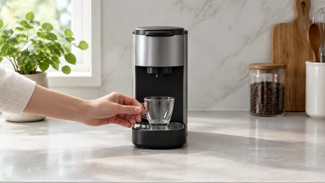 Hand placing a small glass cup under a compact generic espresso maker on a kitchen counter.
