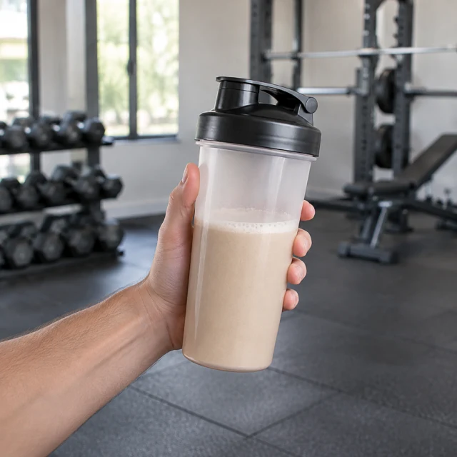 Hand holding a plain protein shaker bottle after a workout in a gym.