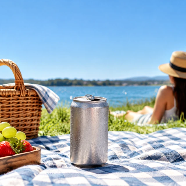 Iced coffee can on a picnic blanket in bright summer light, empty sky at the top.