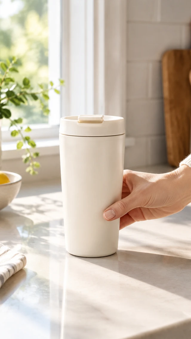 Vertical 9:16 video still of a cream travel mug on a bright kitchen counter