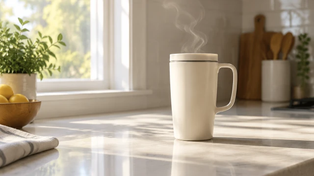 Widescreen 16:9 video still of a cream travel mug on a kitchen counter