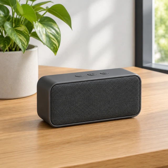 Compact rectangular Bluetooth speaker on a desk